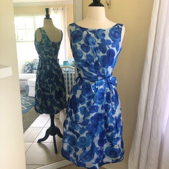 Vintage 60s Party Cocktail Sheath Dress Small Blue Floral Chiffon Swing Mad Men - Picture 3 of 13